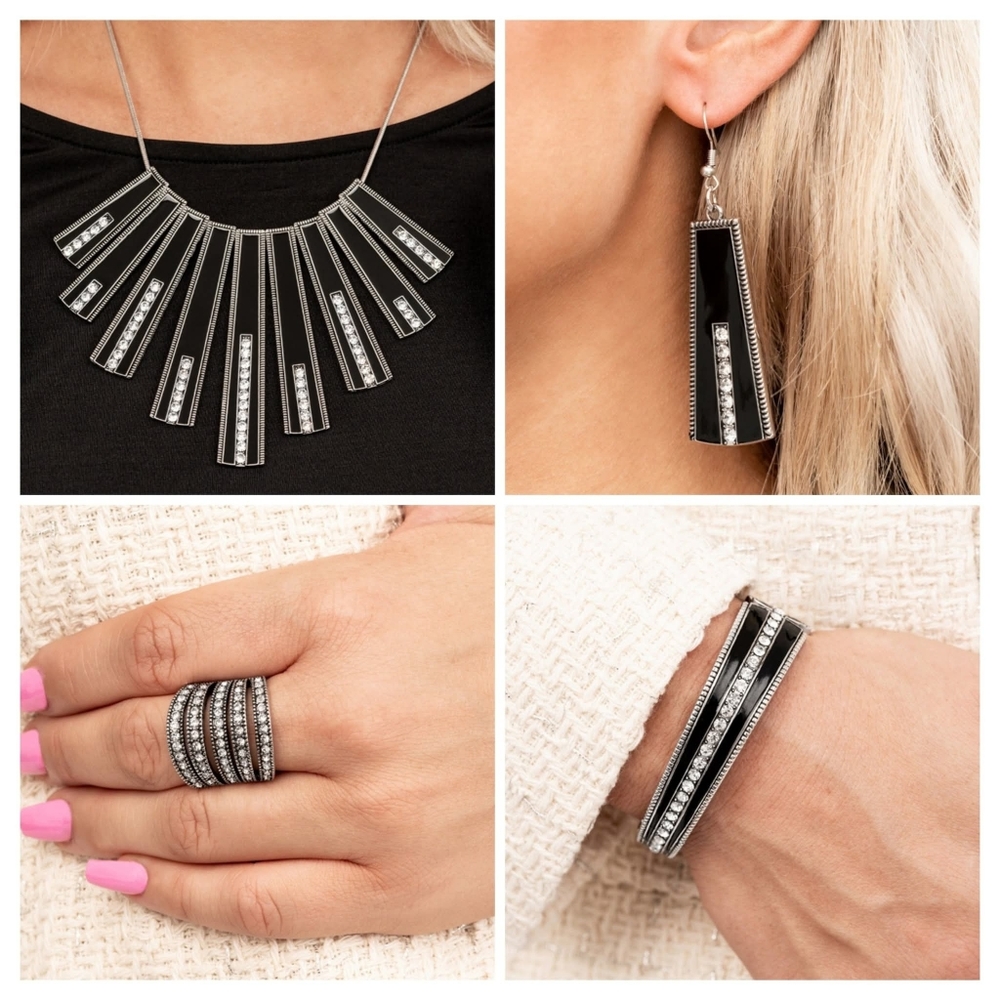 Paparazzi Jewelry Set Black Silver Necklace Earrings Bracelet Ring New